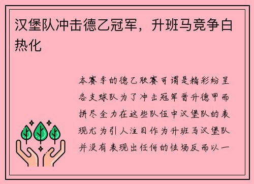 汉堡队冲击德乙冠军，升班马竞争白热化