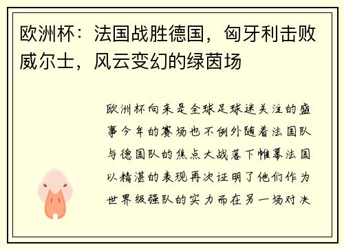 欧洲杯：法国战胜德国，匈牙利击败威尔士，风云变幻的绿茵场